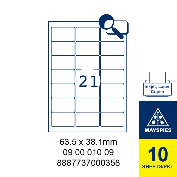 MAYSPIES 09 00 010 09 LABEL FOR INKJET / LASER / COPIER 10 SHEETS/PKT WHITE 63.5 X 38.1MM